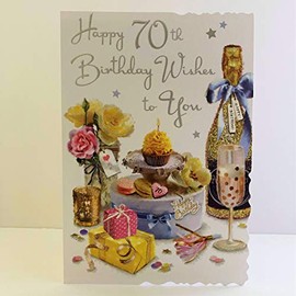 Jonny Javelin Female Age 70 70th Birthday Wishes to You Card - Champagne Present Cupcake Flowers