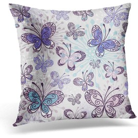 ZFENGYYUAN 18x18inches Gray Butterfly Pink Violet Blue Butterflies Purple Flower Pattern Home Decor Throw Pillow Cover