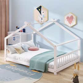 Harper & Bright Designs Full Size House Bed for Kids, Full Bed Frame with Headboard and Footboard, Wooden Kids House Bed for Girls Boys Bedroom Furniture, No Box Spring Needed, White