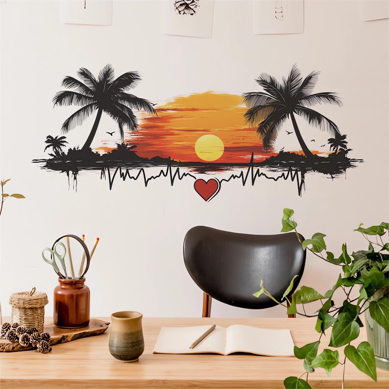 Sunset Coconut Beach Wall Stickers, sacinora Romantic Setting Sun Wall