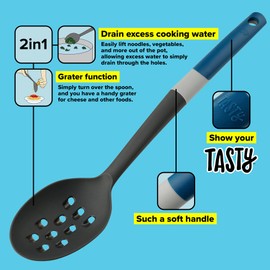 Tasty Serving Spoon with Grater, Non-Stick Cooking Spoon, Spoon Ladle with Soft Grip Handle, Stirring Spoon, Non-Scratch Kitchen Utensil, Dimensions, 34 x 7 cm, Colours, Dark Blue, Grey