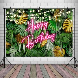 Lofaris Hawaiian Tropical Aloha Palm Leaves Happy Birthday Backdrop Pink Neon Birthday Jungle Green Leaves Background Adults Kids Portrait Photo Studio Props 9x6ft