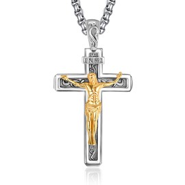 praymos Catholic Jesus Christ on INRI Cross Crucifix Gold Silver Tone Pendant Necklace for Womens Mens