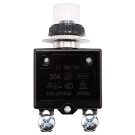 Tnisesm 30A Push Button Circuit Breaker 125/250V AC 50V DC, Manual Reset Thermal Circuit Breaker with Quick Connect Terminals, Waterproof Button Cover and 2 Pcs M4 Ring Crimp Terminals Connectors