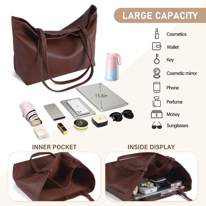 DOODLEBEAN Hobo Handbag for Women Leather Tote Bag Brown Large