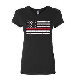 American Flag Thin Red Line Women's T-Shirt Firefighter First Responder Shirt Black Medium