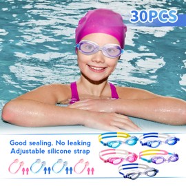 Macarrie 30 Pack Swim Goggles Bulk No Leaking Swimming Goggles with Ear Plugs and Nose Clip for Adult Men Women Youth(Gradient Color)