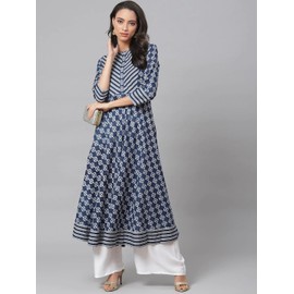 Yash Gallery Anarkali Kurta de algodón con estampado floral para mujer, Azul, S