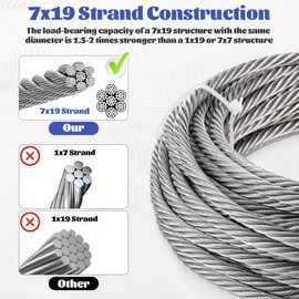 1/4" Steel Rope 1/4 Stainless Steel Cable Wire Rope Clamps Aircraft Cable Wrinch with Clamps and Thimble, 7X19 Strands Yard Zipline, Deck Railing, 6400lbs Breaking Strength, 50ft