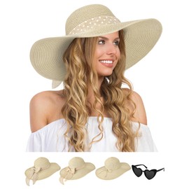 Sun Hats for Women, Wide Brim Floppy Beach Straw Hat for Summer Travel Vacation Foldable with Heart Shaped Sunglasses UPF 50+ Beige