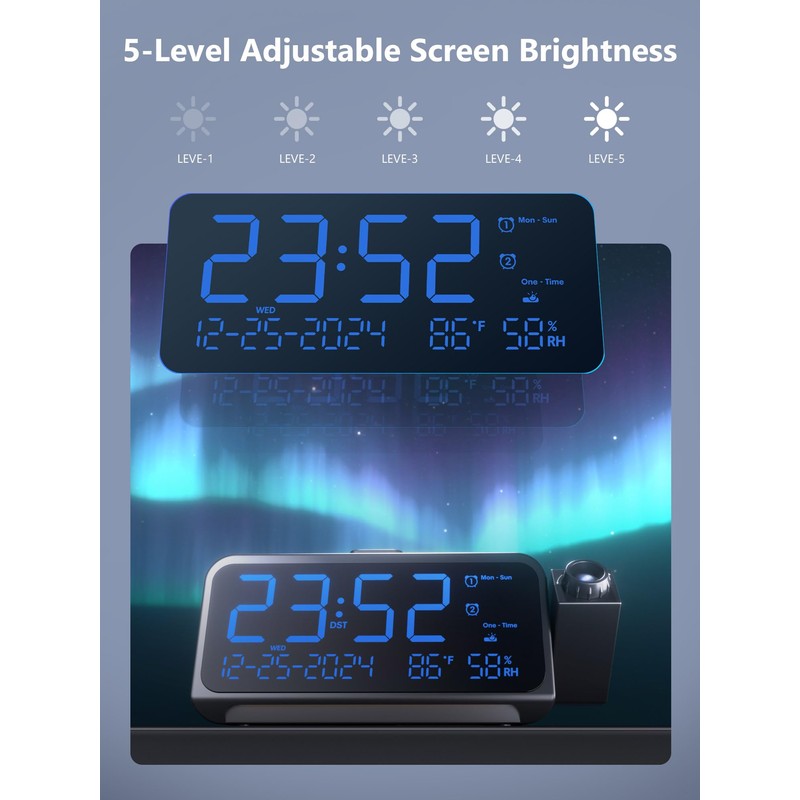 Projection Alarm Clock for Bedroom, Alarm Clock with 350° Rotatable