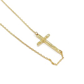 IMINI Hammered Sideways Cross Pendant Necklace for Women Girls 925 Sterling Silver Dainty White Gold Plated Faith Choker Simple Charm Link Chain Adjustable Fashion Jewelry Gift Box 17 inches (Gold)