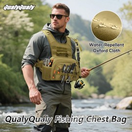 QualyQualy Fishing Chest Pack Utility Running Vest Tactical Chest Pounch Fly Fishing Pack for Sports Outdoor with Compartment Adjustable Strap (Khaki)
