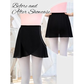 Monbessi Girls Ballet Skirts for Women Chiffon Girls Dance Wrap Skirt Pull On Design(L, Black)