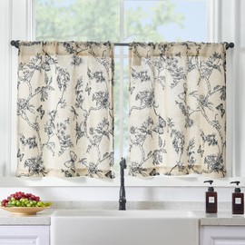 Lazzzy Black Floral Kitchen Curtains 36 Inch Length, Linen Farmhouse Kitchen Window Curtains Over Sink Rustic Country Small Curtains Rod Pocket Tier Curtains, Set of 2, Black on Beige