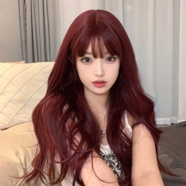 RyuuCos Women's Wig, Long Hair, Curly Hair, Bangs, Burgundy Wig, Fluffy, Natural, Heat Resistant, Disguise, Cosplay Events