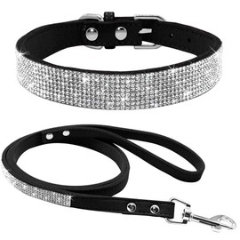 Pimaodog Cute Dazzling Sparkling Elegant Fancy Soft Suede Leather Bling Rhinestone Crystal Jeweled Pet Cat Dog Puppy Collar Dog Leash Combo Set (XS(Neck8-10), Black)