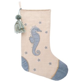 Seahorse Ocean Beach Theme Light Blue Velvet and Linen Christmas Stocking 21" Long