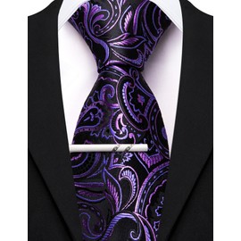 Barry.Wang Purple Black Tie Floral Necktie with Tie Clip for Men Silk Tie Formal Wedding Party Business