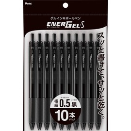 Pentel Gel Ink Ballpoint Pen, EnerGel S, 0.5mm, Black Body, XBLN125-A10, Black, Set of 10