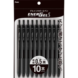 Pentel Gel Ink Ballpoint Pen, EnerGel S, 0.5mm, Black Body, XBLN125-A10, Black, Set of 10