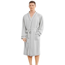 YOIPNEF Mens Lightweight Robe, Knit Kimono Bathrobe Spa Sleepwear Soft Knee Length Robe With Pockets, Light Grey, Medium