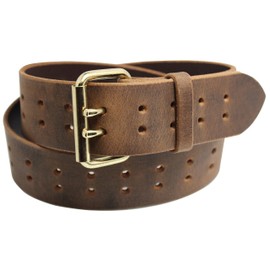 Construction Grade, Two Prong, Heavy Duty, Full Grain Leather Work Belt, 2” Wide, Made in USA (Distressed Brown, Brass Buckle, 44" (Waist 42))