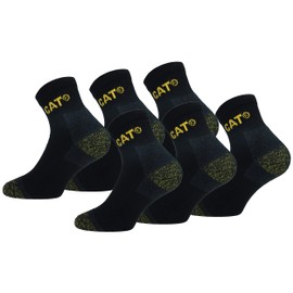 CAT Caterpillar 6 Pairs Quarter Work Socks Ankle Length - Double Heel Toe Reinforcement - Cotton Terry Cloth Sole, black