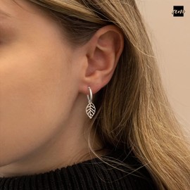 Amberta Women 925 Sterling Silver Dangle Hoop Earrings: Leaf Charm Hoop Earrings