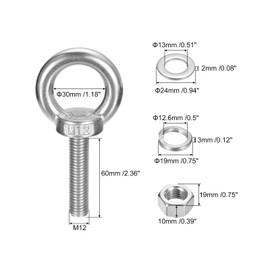 sourcing map Lifting Eye Bolt, 1 Set M12 x 60mm Eye Bolt with Nut Washer 304 Stainless Steel Shoulder Lifting Ring Eye Bolt for Hanging Item