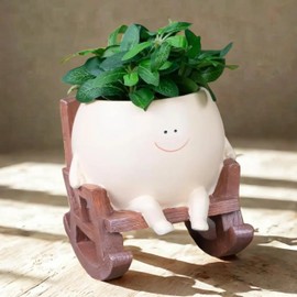 NAISQAQ Smiley Face Planter Rocking Chair Swing Planters Cute Resin Head Flower Pot for Succulents Plants Gift for Mother’s Day, Christmas