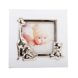 Happy Homewares Small White Baby Square Photo Frame with Shiny Silver Plated Giraffe Elephant and Teddy Bear | 3x3 Photograph Space | Freestanding Only