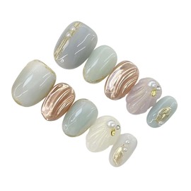 Herbeluemily Nail Tip, Short, Handmade, 3D Storage Case, 10 Pieces, Flower, Mermaid, Oval Gold, L