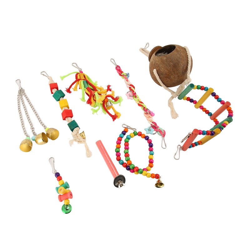 8pcs Parrot Toys Adjustable Coconut Shell Ladder Hanging Toys Interactive