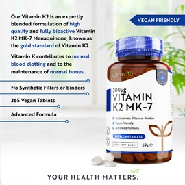 Vitamin K2 MK-7 200mcg - 365 Vegan Micro Tablets (Not Capsules) - Supports Maintenance of Normal Bones - High Strength Menaquinone MK7 - Made in The UK by Nutravita