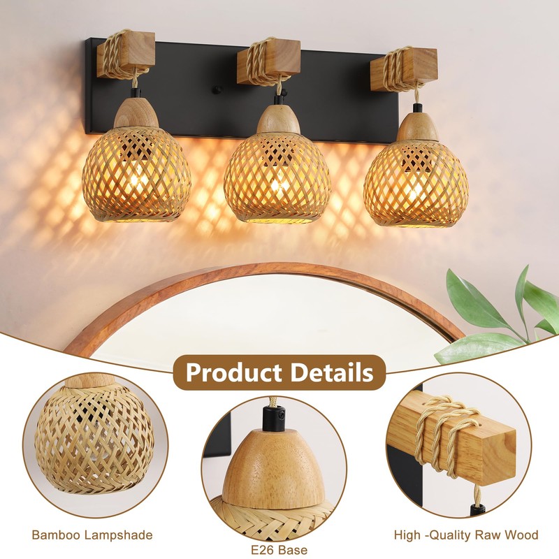 LmnLvn Farmhouse Bathroom Light Fixture, 3-Light Boho Vanity Light, Bamboo