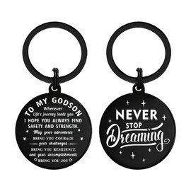 DGXMD Graduation Gifts for Godson - Never Stop Dreaming Metal Engraved Keyring - Birthday Christmas Keepsake Gifts for Godson from Godmother Godfather