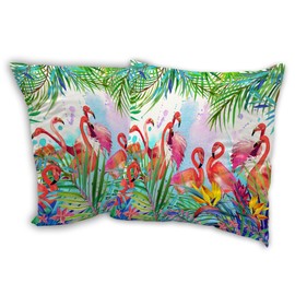 SKYDAWNY Tropical Pink Flamingo Throw Pillow Covers 18x18 in Set of 2,Tropical Palm Leaf Pillow Cases Decorative Square Pillowcases for Home Bed Sofa Living Room Farmhouse Outdoor