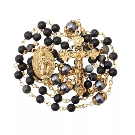 Nazareth Store Matte Black Stone Rosary Gold Necklace Pearl Mystery Miraculous Medal & Cross