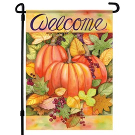 Fall Garden Flag - Pumpkins and Leaves 12x18 - Perfect for the Pumpkin Patch! Double Sided Fall Colors with Pumpkins and leaves Garden Flag - Front Yard Entry Garden Flag - For House Outdoor, Lawn,