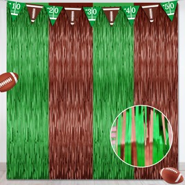 2 Pack Football Party Decorations, 3.28 FT x 7.05 FT Football Tinsel Backdrop, Brown Green Foil Fringe Curtains Metallic Party Streamer, Football Party Supplies Game Day Decorations 2025