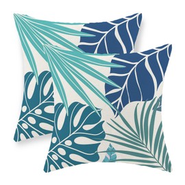 Tropical Pillow Covers 16x16 Set of 2 Navy Blue Aqua Teal Monstera Palm Leaf Pillowcase Summer Decorations Tropical Outdoor Throw Pillows Linen Decor Botanical Plant Cushion Case for Home Bed