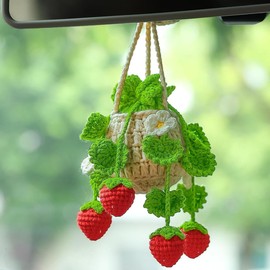 Alunsito Crochet Hanging Plant Car Rear View Mirror Accessories Woven Cute Charms Ornament Strawberry Plant Pendant Hanging Handmade Knitted Decor for Women Men