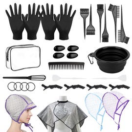 32 Pcs Hair Dye Coloring Kit,Hair Dye Tools for DIY Salon.Hair Dye Brush and Bowl Set/Highlighting Frosting Cap with Plastic Hooks/Dye Brush/Ear Cover/Gloves/Comb/Hairpin/Hair Coloring Cape(Black)