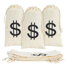 Juvale Drawstring Money Bags for 1920s Party Decorations - 4.7 x 9 In, White, Pack of 12 - Burlap Money Bags with Dollar Sign for Adults & Wild West Party Decoration