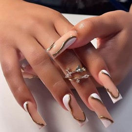 Long Press on Nails Square French Tip Fake Nails with 3D Gold Curve Line Design Glue on Nails Glossy Acrylic Nails Full Cover Stick on Nails White Artificial Nails for Women 24Pcs
