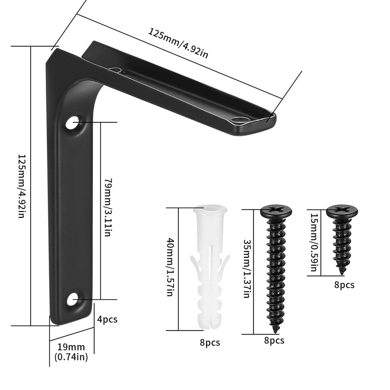 Pack of 4 Shelf Brackets, Metal Brackets, Shelving Brackets, Black,