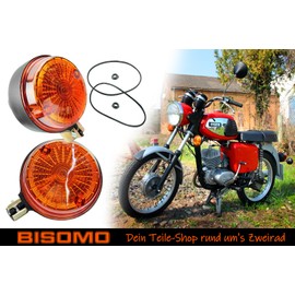 BISOMO Blinker Set, Blinkleuchten Hinten für Simson S50 S51 S70 SR50 SR80, MZ ETS, TS, ETZ Ø 80mm E-geprüft, Lampenträger schwarz. Lichtaustritt Orange