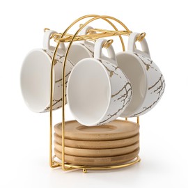 LUKA Ceramic Demitasse Espresso Cups Set with Saucers and Metal Stand, 8 oz Porcelain Stackable Cappuccino Cups Teacup For Tea, Espresso, Latte, Coffee, Cafe Mocha, Set of 4, White