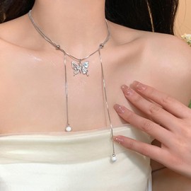 Xmsrn Vintage Pearl Drop Y Necklace Hollow Butterfly Pendant Necklace Boho Pearl Choker Necklace Open Butterfly Choker Necklace Pearl Y Lariat Necklace for Women